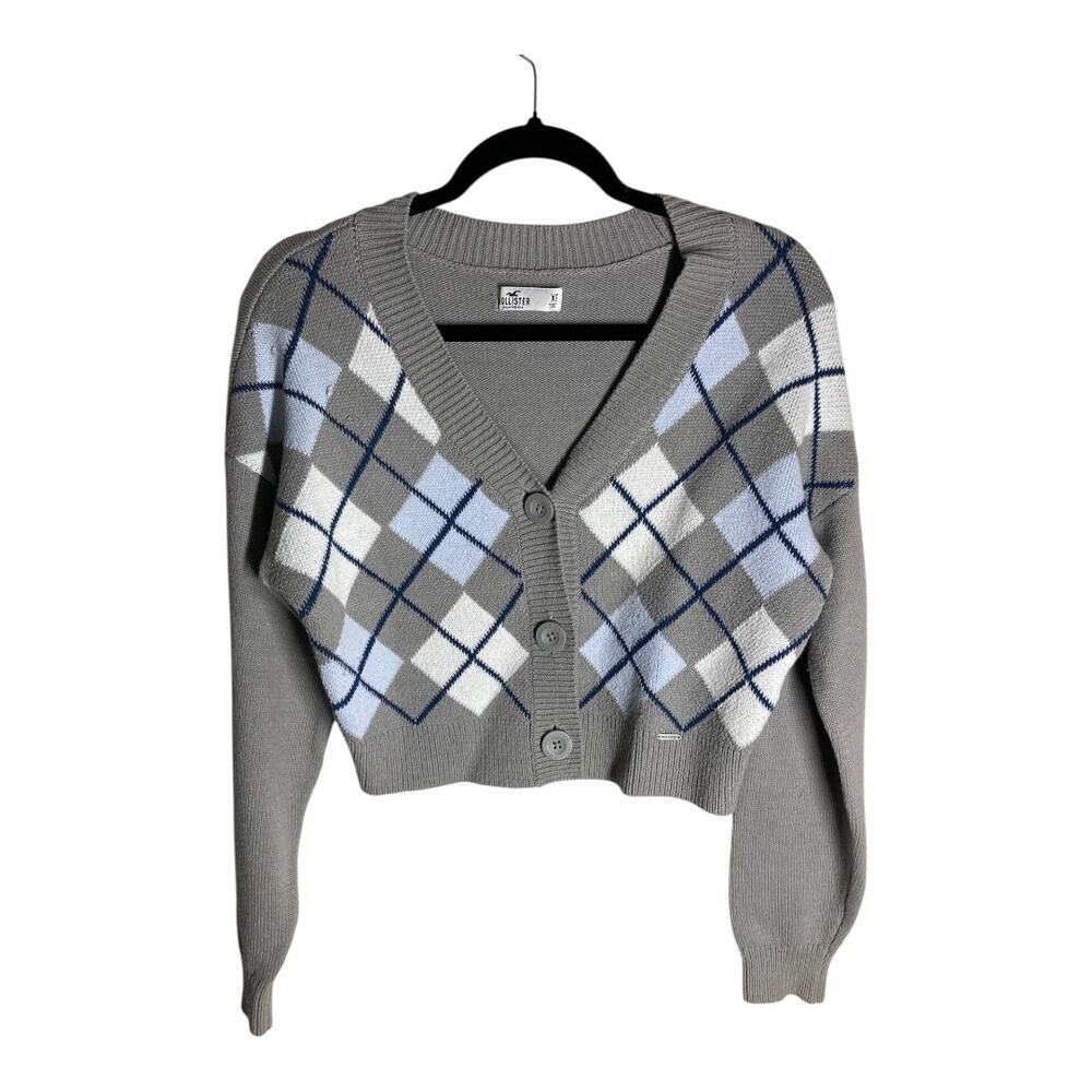 Hollister Cropped Gray Argyle Cardigan XS
